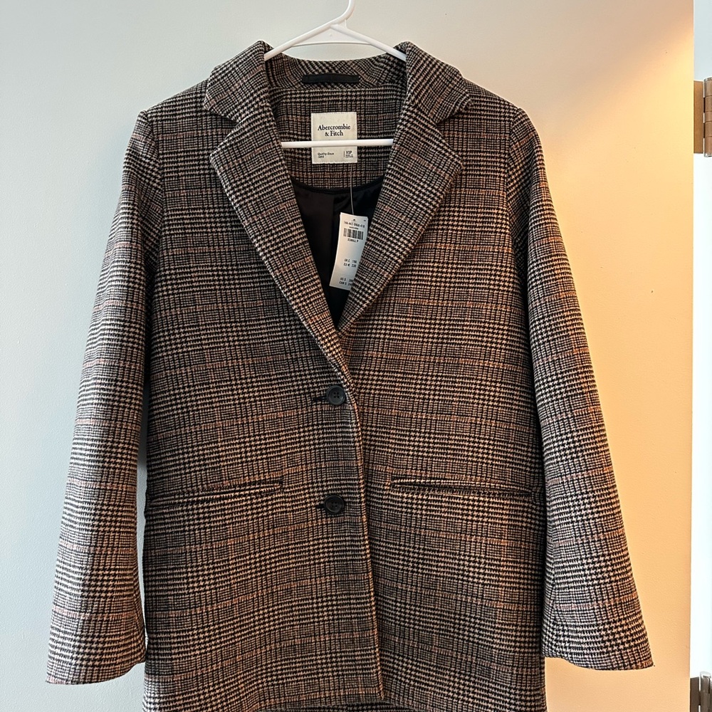 Abercrombie Wool-Blend Blazer Coat brown plaid XS petite warm cute workwear